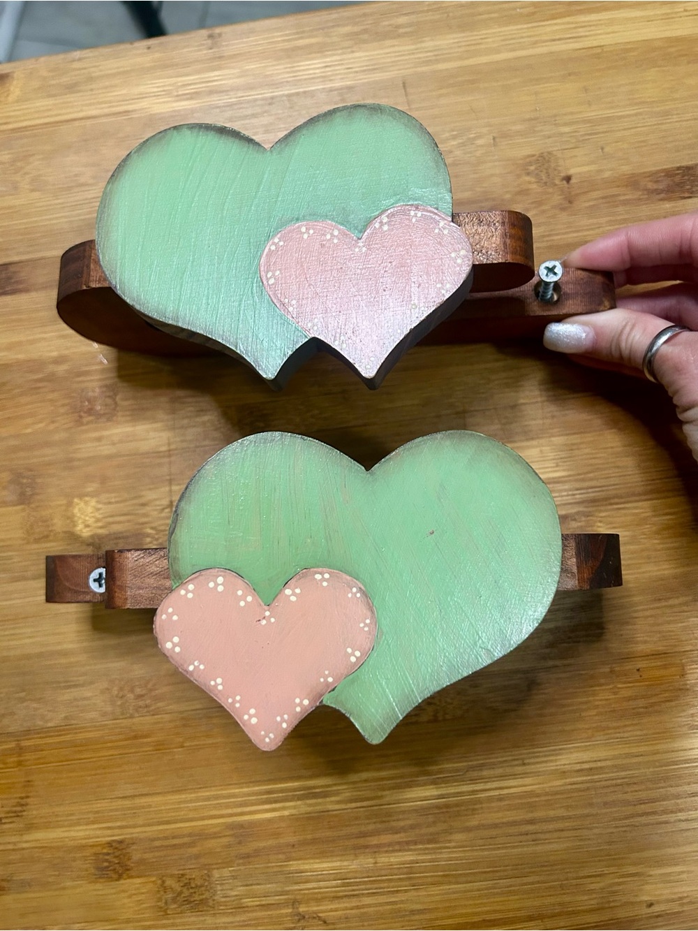 Handcrafted Green and Pink Heart Wall Hooks - Country Cottage Home Wall Decor